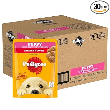 Pedigree Puppy Wet Dog Food, Chicken Chunks in Gravy, 70 g (Pack of 30), Complete & Balanced Meal for Puppies