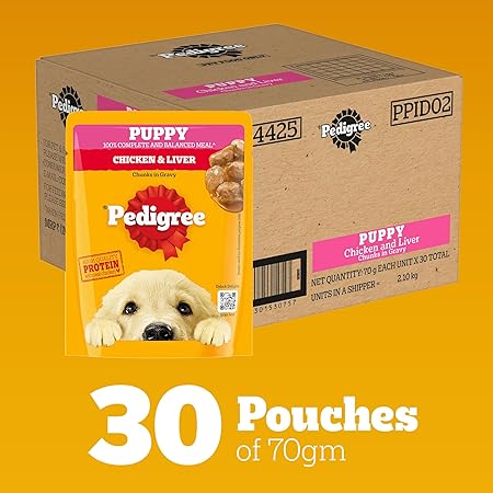 Pedigree Puppy Wet Dog Food, Chicken Chunks in Gravy, 70 g (Pack of 30), Complete & Balanced Meal for Puppies