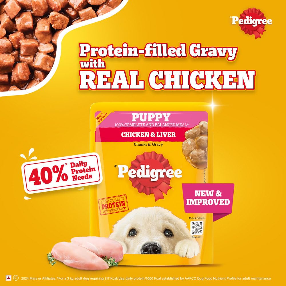 Pedigree Puppy Wet Dog Food, Chicken Chunks in Gravy, 70 g (Pack of 30), Complete & Balanced Meal for Puppies