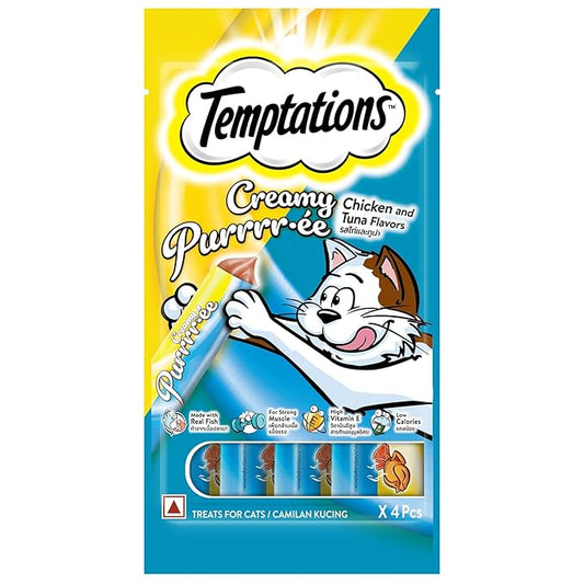 Temptations Creamy Purrrrr-ée Lickable Cat Treats, Chicken & Tuna Flavour, 48 g, Made with Real Fish, Goodness of Protein, Vitamins & Minerals