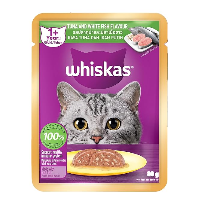 Whiskas Adult (1+ Years) Wet Cat Food, Tuna & White Fish Flavour, 80 g, 100% Complete & Balanced Nutrition, Supports Healthy Immune System