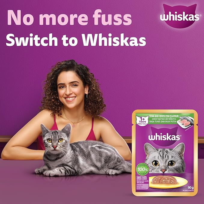 Whiskas Adult (1+ Years) Wet Cat Food, Tuna & White Fish Flavour, 80 g, 100% Complete & Balanced Nutrition, Supports Healthy Immune System
