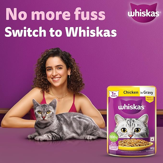 Whiskas Adult (1+ Years) Wet Cat Food, Chicken in Gravy, 80 g, Hydrating Food Made With Real Chicken, 100% Complete & Balanced Nutrition for Adult Cats