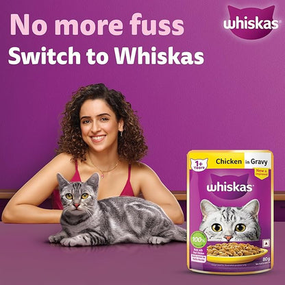 Whiskas Adult (1+ Years) Wet Cat Food, Chicken in Gravy, 80 g, Hydrating Food Made With Real Chicken, 100% Complete & Balanced Nutrition for Adult Cats