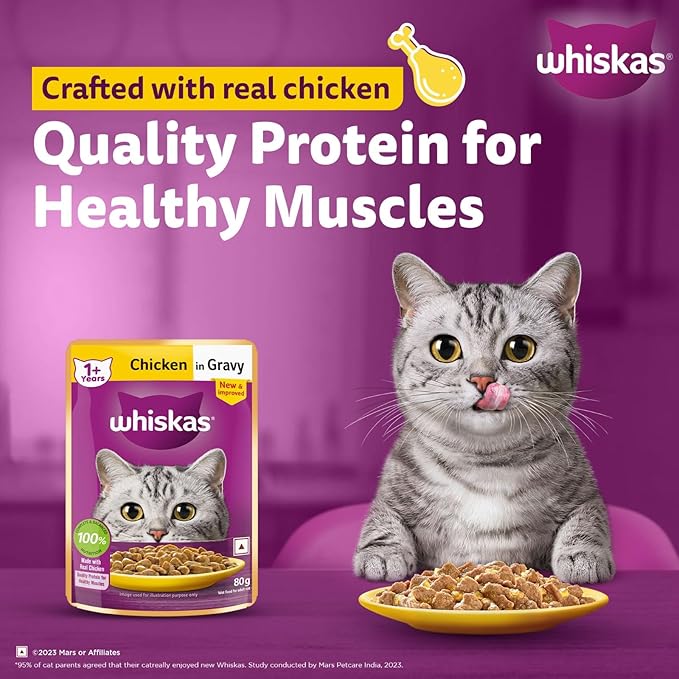 Whiskas Adult (1+ Years) Wet Cat Food, Chicken in Gravy, 80 g, Hydrating Food Made With Real Chicken, 100% Complete & Balanced Nutrition for Adult Cats
