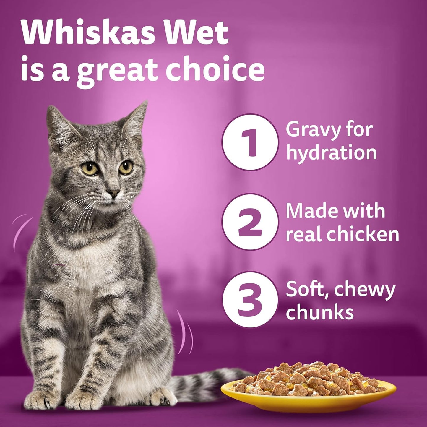 Whiskas Adult (1+ Years) Wet Cat Food, Chicken in Gravy, 80 g (Pack of 14), Hydrating Food Made With Real Chicken, 100% Complete & Balanced Nutrition for Adult Cats