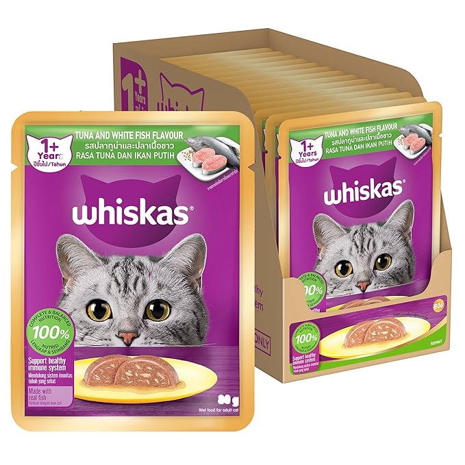 Whiskas Adult (1+ Years) Wet Cat Food, Tuna & White Fish Flavour, 80 g x 14, 100% Complete & Balanced Nutrition, Supports Healthy Immune System