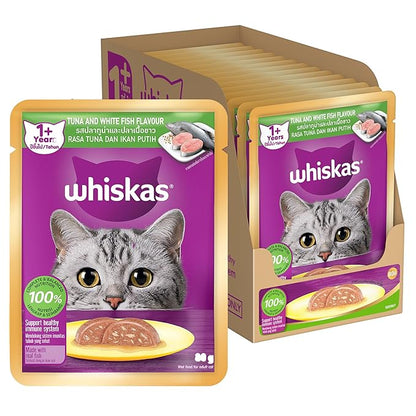 Whiskas Adult (1+ Years) Wet Cat Food, Tuna & White Fish Flavour, 80 g x 14, 100% Complete & Balanced Nutrition, Supports Healthy Immune System