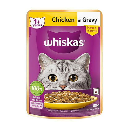 Whiskas Adult (1+ Years) Wet Cat Food, Chicken in Gravy, 80 g, Hydrating Food Made With Real Chicken, 100% Complete & Balanced Nutrition for Adult Cats