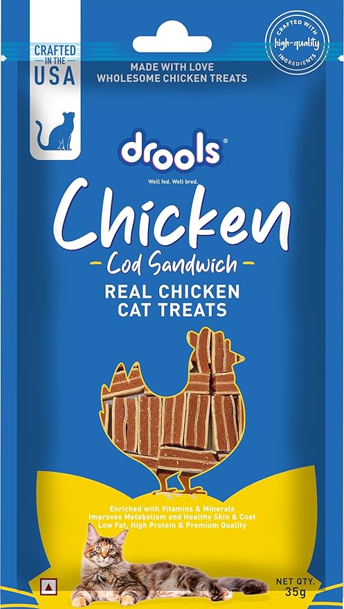 Drools Real Chicken Cod Sandwhich, Cat Treats Stick, 35gm | Rich in Protein, No Artificial Preservatives | Best for Training & Bonding | for Kitten & Adult