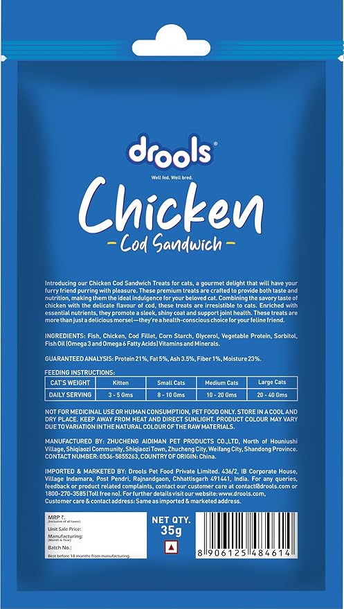 Drools Real Chicken Cod Sandwhich, Cat Treats Stick, 35gm | Rich in Protein, No Artificial Preservatives | Best for Training & Bonding | for Kitten & Adult