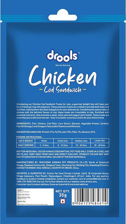 Drools Real Chicken Cod Sandwhich, Cat Treats Stick, 35gm | Rich in Protein, No Artificial Preservatives | Best for Training & Bonding | for Kitten & Adult
