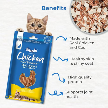 Drools Real Chicken Cod Sandwhich, Cat Treats Stick, 35gm | Rich in Protein, No Artificial Preservatives | Best for Training & Bonding | for Kitten & Adult