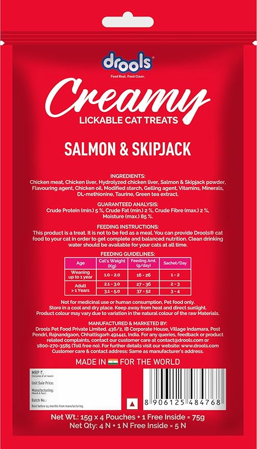Drools Creamy Lickable Cat Treat Salmon & Skipjack (Pack of 1 Pouches, 75g), All Life Stages