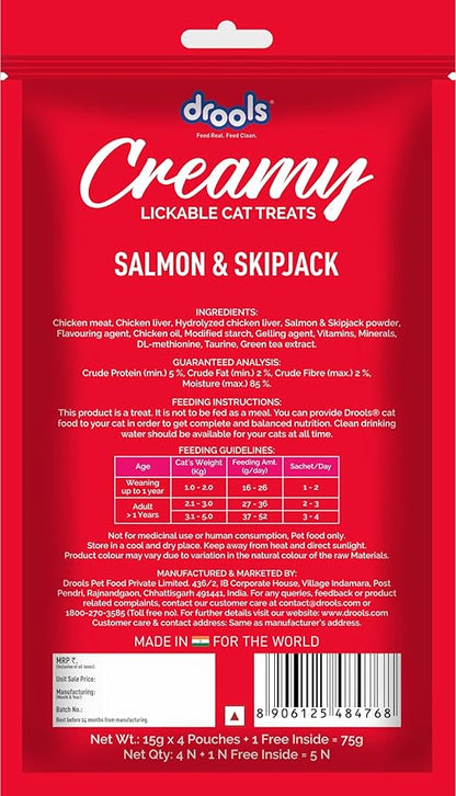 Drools Creamy Lickable Cat Treat Salmon & Skipjack (Pack of 1 Pouches, 75g), All Life Stages