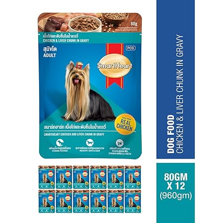 Smart Heart Pouch Adult, Wet Dog Food, Chicken & Liver Chunk in Gravy 80G (Pack of 12, 960 G)