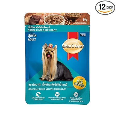 Smart Heart Pouch Adult, Wet Dog Food, Chicken & Liver Chunk in Gravy 80G (Pack of 12, 960 G)