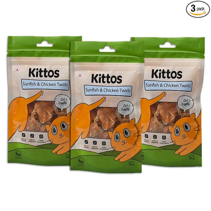 Kittos Cat Treats, Sunfish & Chicken Twirls Strips, Rich Protein Low Fat, Healthy Cat Snacks, Suitable for All Life Stages, 35g Each (Pack of 1)