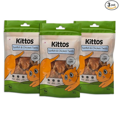 Kittos Cat Treats, Sunfish & Chicken Twirls Strips, Rich Protein Low Fat, Healthy Cat Snacks, Suitable for All Life Stages, 35g Each (Pack of 1)