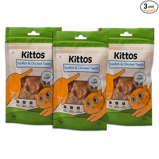 Kittos Cat Treats, Sunfish & Chicken Twirls Strips, Rich Protein Low Fat, Healthy Cat Snacks, Suitable for All Life Stages, 35g Each (Pack of 1)
