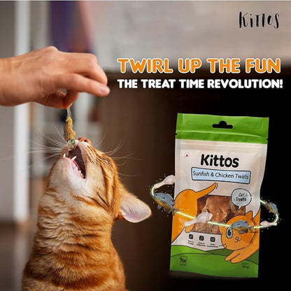 Kittos Cat Treats, Sunfish & Chicken Twirls Strips, Rich Protein Low Fat, Healthy Cat Snacks, Suitable for All Life Stages, 35g Each (Pack of 1)