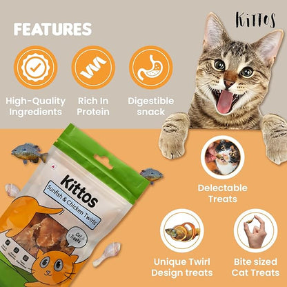 Kittos Cat Treats, Sunfish & Chicken Twirls Strips, Rich Protein Low Fat, Healthy Cat Snacks, Suitable for All Life Stages, 35g Each (Pack of 1)