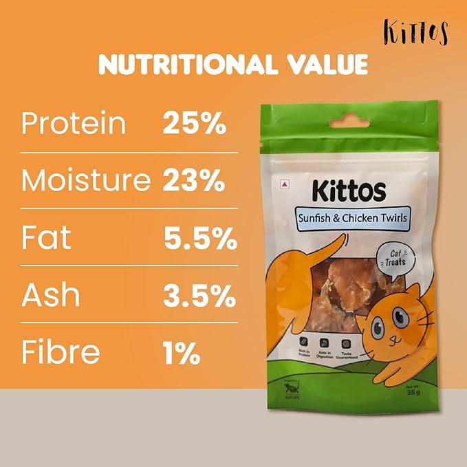 Kittos Cat Treats, Sunfish & Chicken Twirls Strips, Rich Protein Low Fat, Healthy Cat Snacks, Suitable for All Life Stages, 35g Each (Pack of 1)