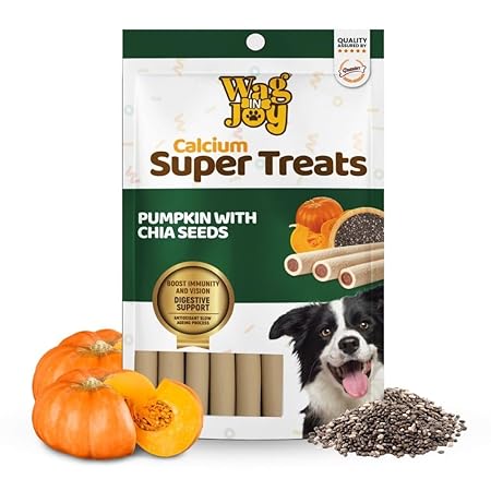 WAG IN JOY Calcium Super Treats Sticks 125 GMS | 100% Vegetarian Dog Treat|| Strong Bones and Joint| with Omega 3| Dog Food|Pack of 1| Pumpkin with Chia Seeds|,Young