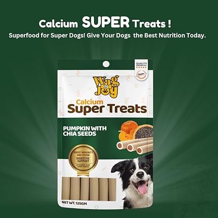 WAG IN JOY Calcium Super Treats Sticks 125 GMS | 100% Vegetarian Dog Treat|| Strong Bones and Joint| with Omega 3| Dog Food|Pack of 1| Pumpkin with Chia Seeds|,Young