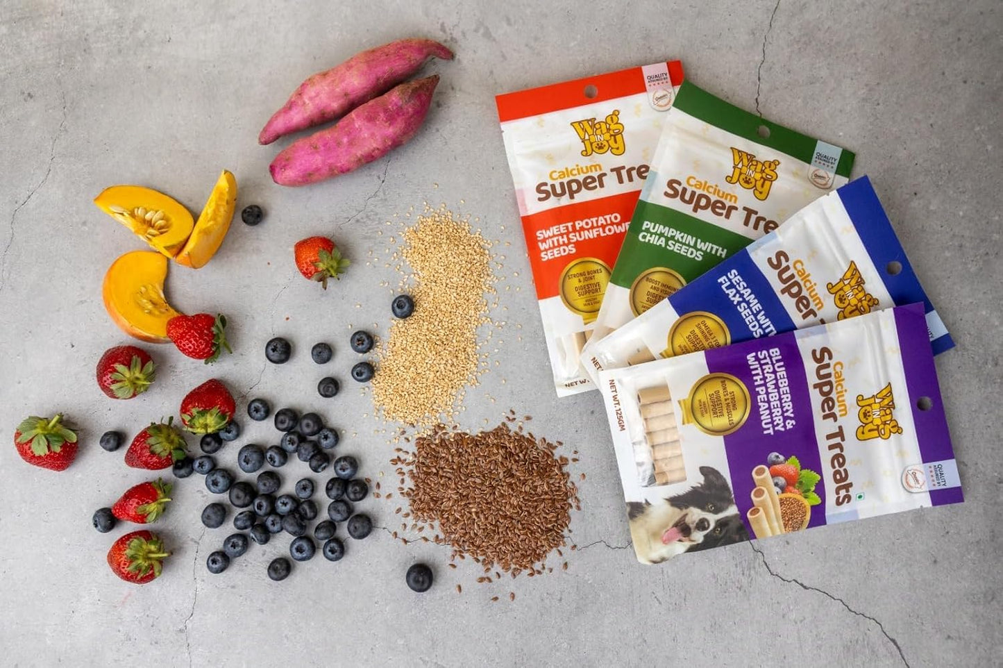 WAG IN JOY Calcium Super Treats Sticks 125 GMS | 100% Vegetarian Dog Treat|| Strong Bones and Joint| with Omega 3| Dog Food|Pack of 1| Pumpkin with Chia Seeds|,Young