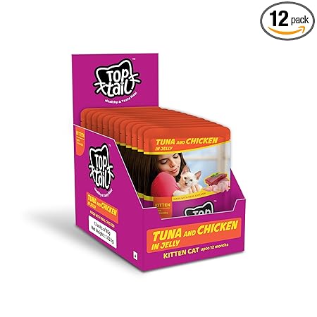 Top tail Kitten Wet Cat Food-12 Pouches, 12x85 gm (Upto 12 Months), Tuna & Real Chicken in Jelly Flavour Healthy & Tasty High Protein Kitten Food, Fortified with Vitamins & Minerals