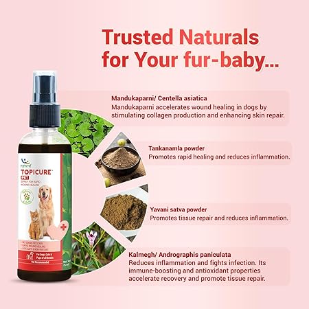 Natural Remedies Topicure Pet Wound Healing Spray, Lick Safe, Non-Irritant, Rapid Healing for Dogs and Cats, Puppies, All-Natural Ingredients, No Gas or Sound, Pet Friendly, Allergy Relief - 75ml