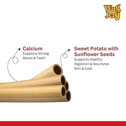 WAG IN JOY Calcium Super Treats, Sweet Potato with Sunflower Seeds Sticks 125 GMS | 100% Vegetarian Dog Treat| Supports Digestive Health | Strong Bones and Joint| with Omega 3|Young