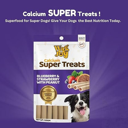 WAG IN JOY Calcium Super Treats Sticks |100% Vegetarian Dog Food| with Blueberry, Strawberry & Peanuts | Strong Bones and Joint | with Omega 3| 125 GMS| Pack of 1 |