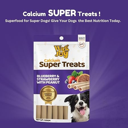 WAG IN JOY Calcium Super Treats Sticks |100% Vegetarian Dog Food| with Blueberry, Strawberry & Peanuts | Strong Bones and Joint | with Omega 3| 125 GMS| Pack of 1 |